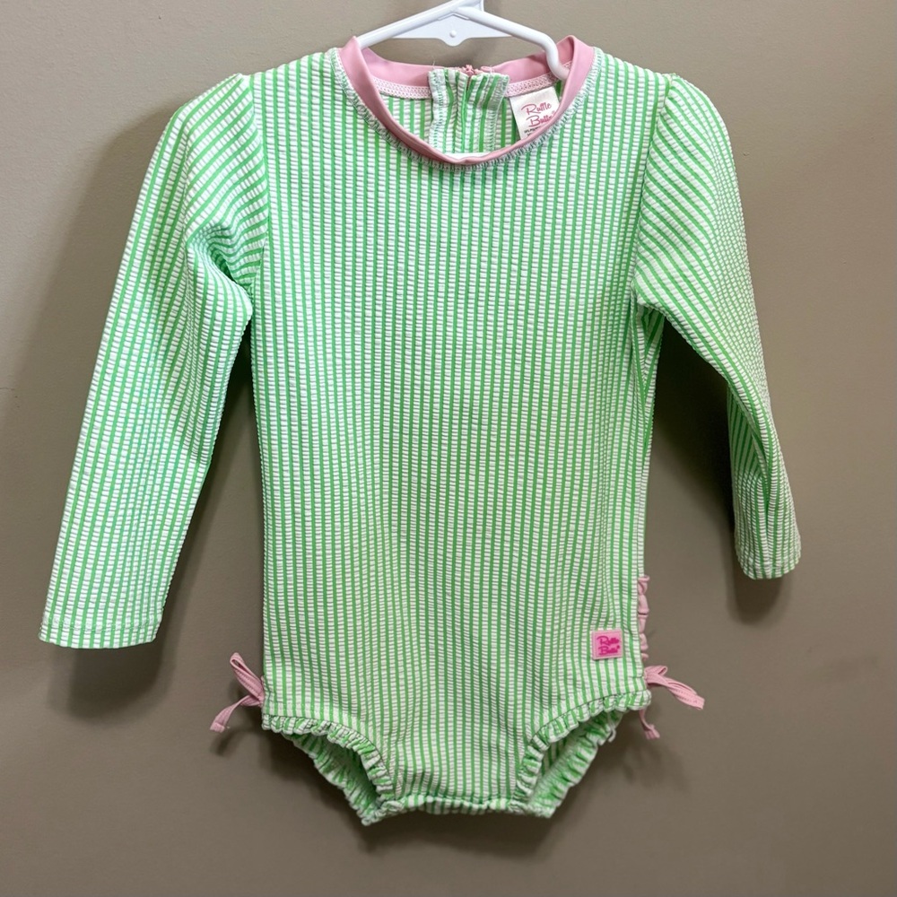 RuffleButts Green and White Seersucker Striped Girl’s 3T Swimsuit